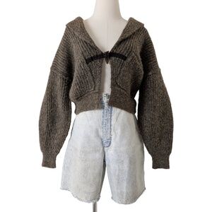 Tribal Knit Cardigan Cropped Long Balloon Sleeve Single Button Closure Collar